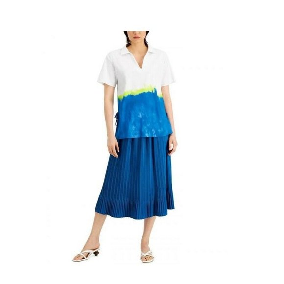 Alfani Womens S Baroque Teal Elastic Waist Stylish Pleated Midi Skirt NWT I87
